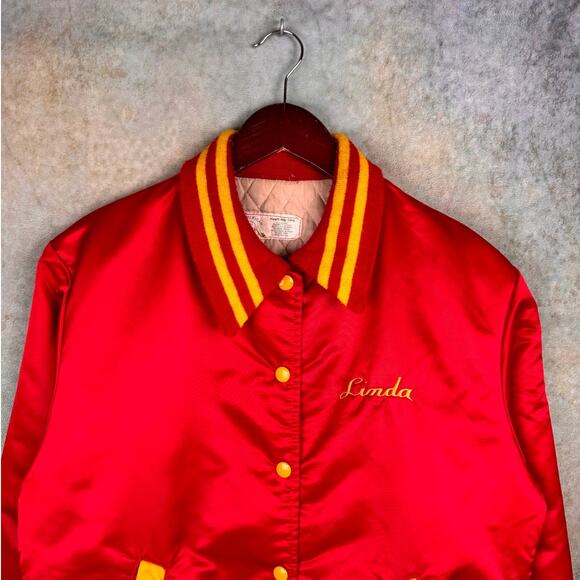 VTG 80s Satin Bomber Jacket Sz L Red Gold North Bergen Choir New Jersey Retro - Picture 5 of 8